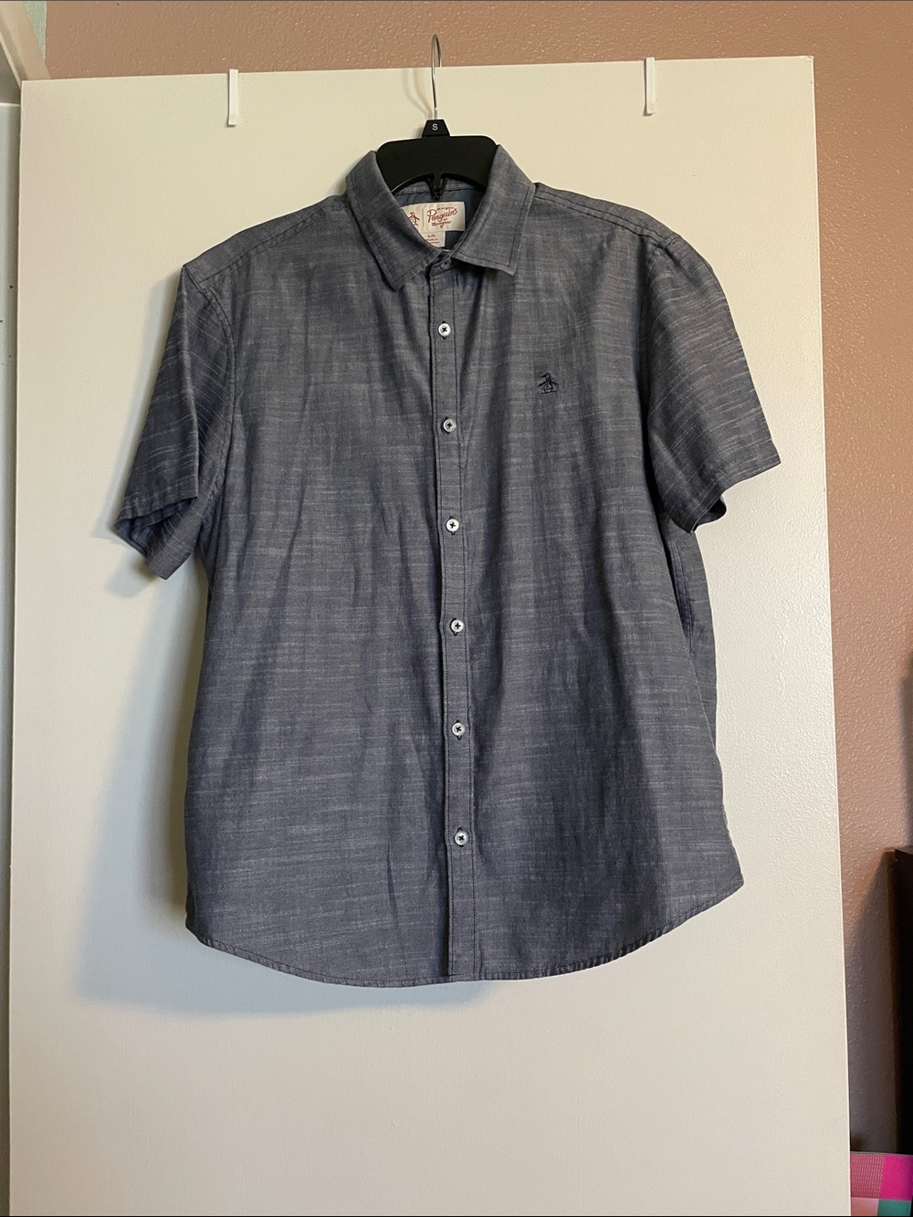 Men’s Original Penguin Cotton Blue Short Sleeve Button Down Slim Fit